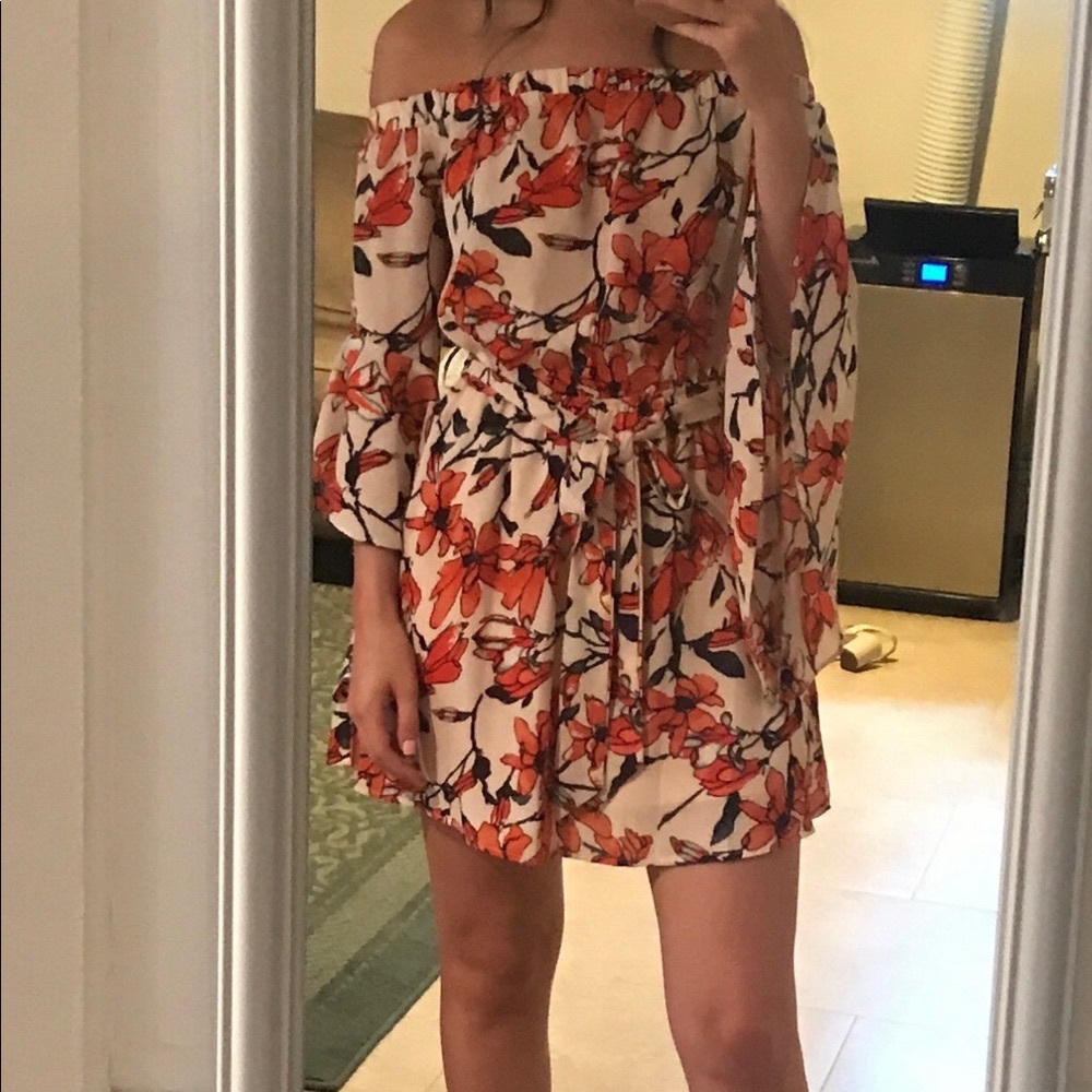 ESSUE OFF THE SHOULDER FLORAL MINI DRESS WITH BELL SLEEVES